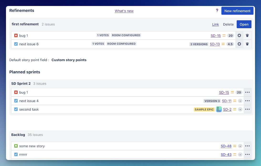 Refinement configuration screen showing Jira task selection and board setup