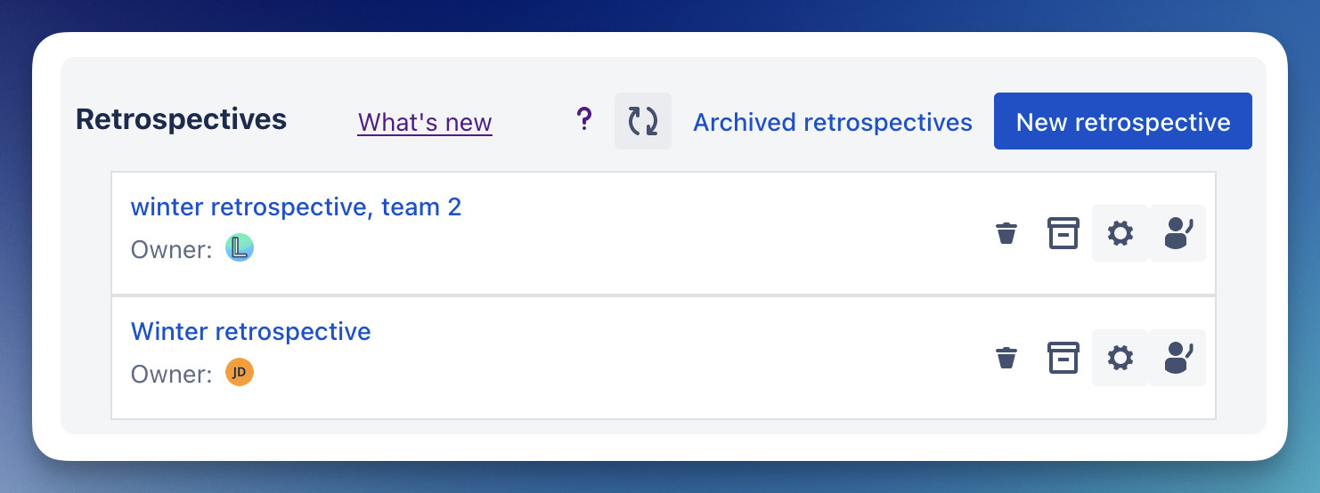 Overview of all retrospective meetings showing active and archived sessions