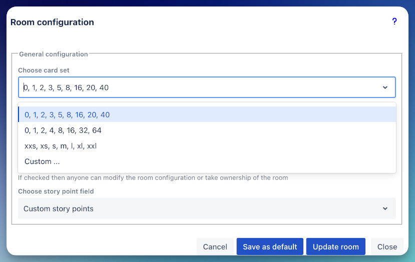 Room configuration panel showing card set options and field configuration