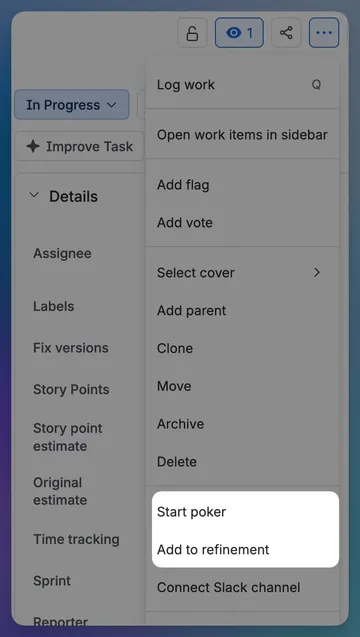 The Jira issue actions menu with two app entries highlighted: Start poker and Add to refinement