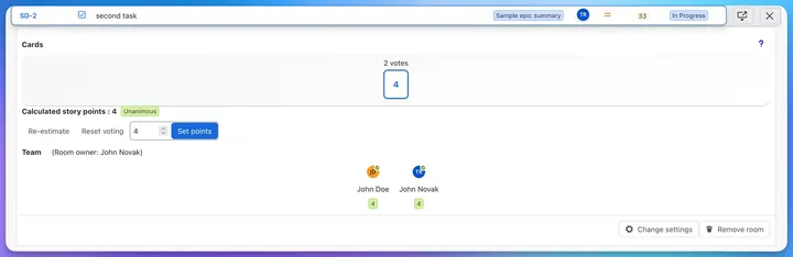 A Planning Poker room open on a Jira issue after reveal: two votes on the 4 card, calculated story points 4 marked Unanimous, and a Set points button