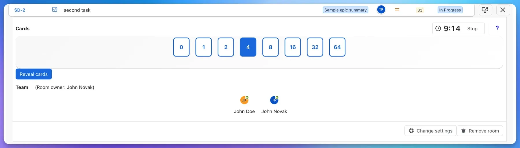 A Planning Poker room during voting, with a timer running and two participants who have voted