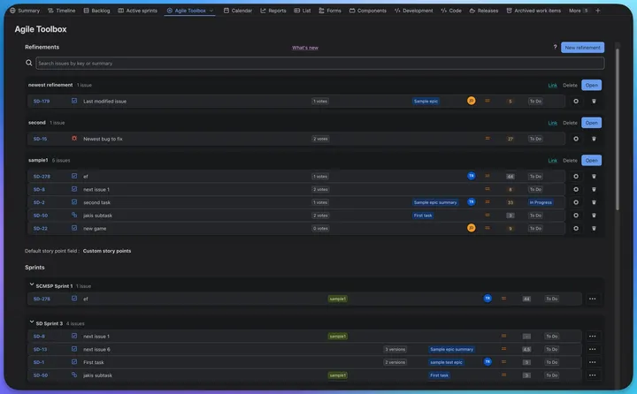 The Refinements view rendered in Jira's dark theme