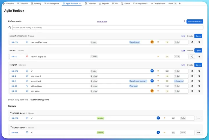 The Refinements view in Jira: three named refinements with their issues, live vote counts, epics and story points, and the sprints below them