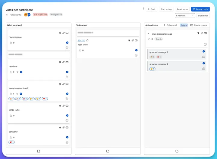 A retrospective board inside Jira with three columns, emoji reactions and votes on the cards, a vote budget, a timer, and a Create issues button on the action column