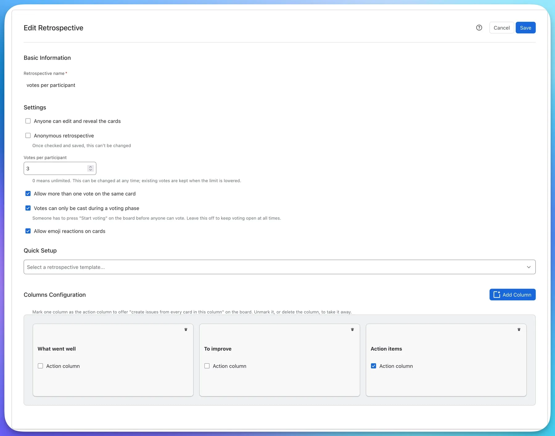 The retrospective configuration page with settings, the template picker and three columns
