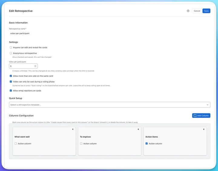 Retrospective settings: anonymous mode, votes per participant, multiple votes per card, voting phase, emoji reactions, a template picker and three columns with one marked as the action column