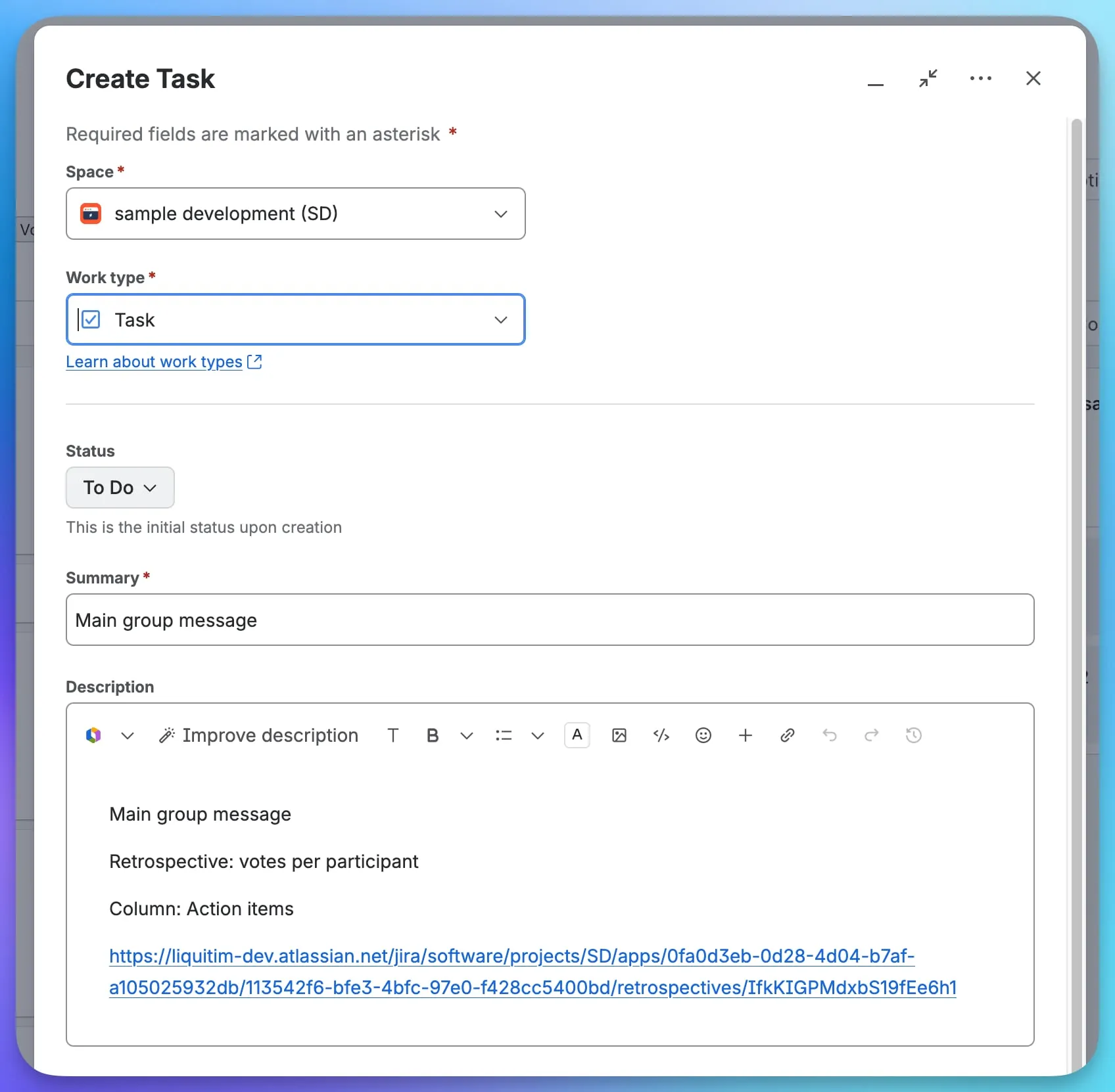 Jira’s create dialog opened from a retrospective card, prefilled