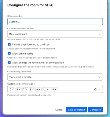 Room configuration dialog: custom card set, calculation method, question card, offline voting, owner change, and the story-point field